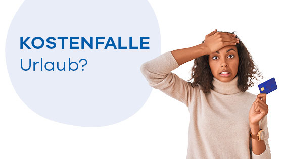 Frau hält Kreditkarte in der Hand und ärgert sich über die hohen Reisekosten.