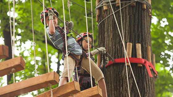 Kinder mit Helm im Hochseilgarten