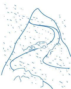 Illustration Auto kommt bei starkem Schneefall von Bergstraße ab