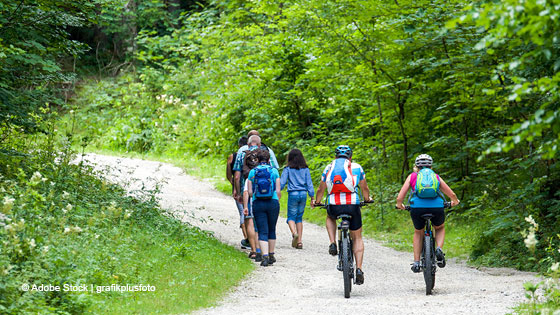 Waldweg mit wandernden und radfahrenden Menschen