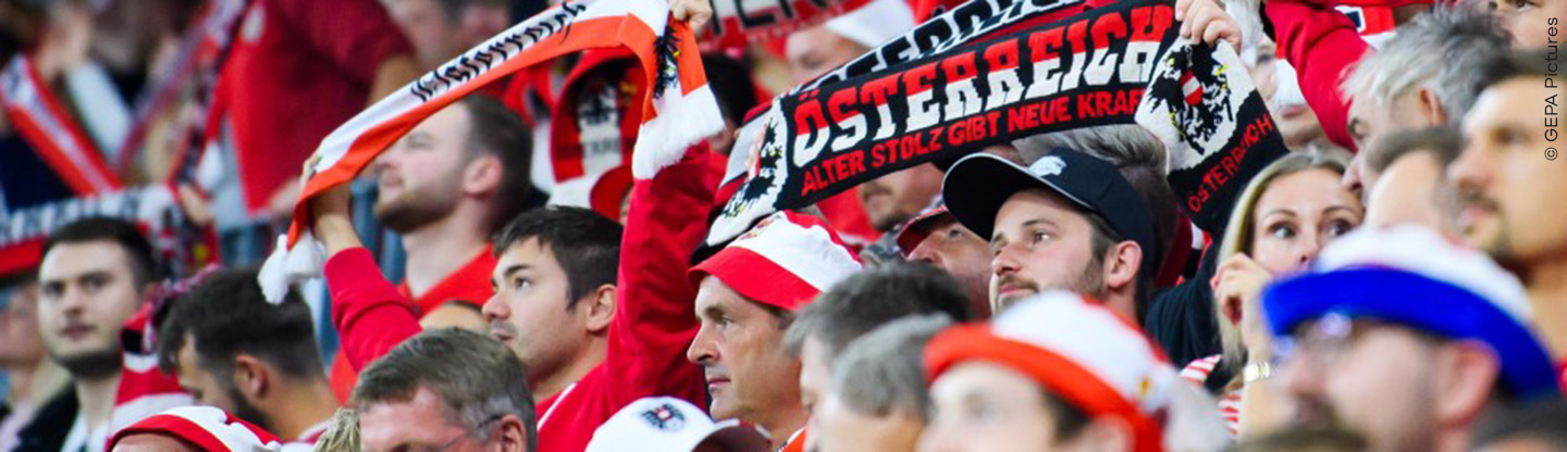 Menge im Stadion mit Fanartikel